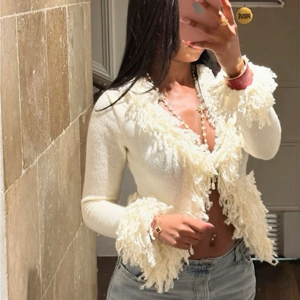 Elegant Cream fringe Cardigan Sweater